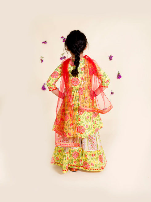 Girls Yellow Floral Printed Pleated Pure Cotton Kurta With Sharara With Dupatta